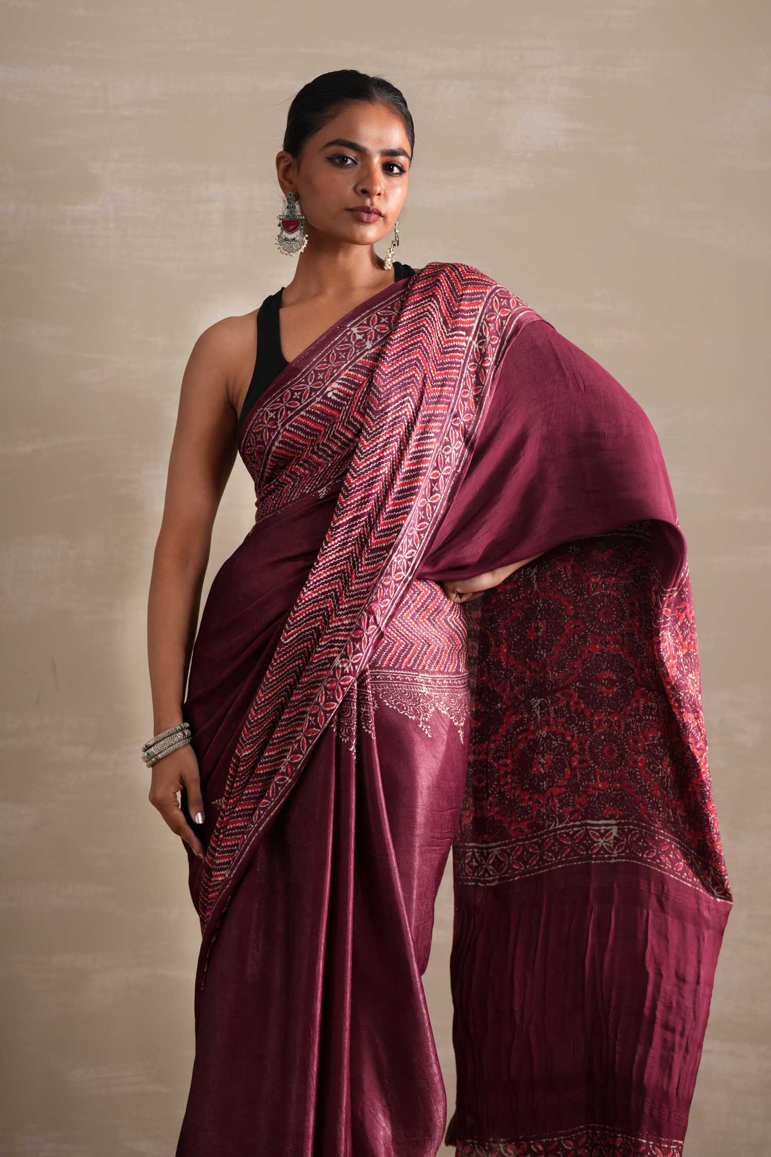 Vermilion Veil Hand Block Printed Modal Tissue Saree - SootiSyahi