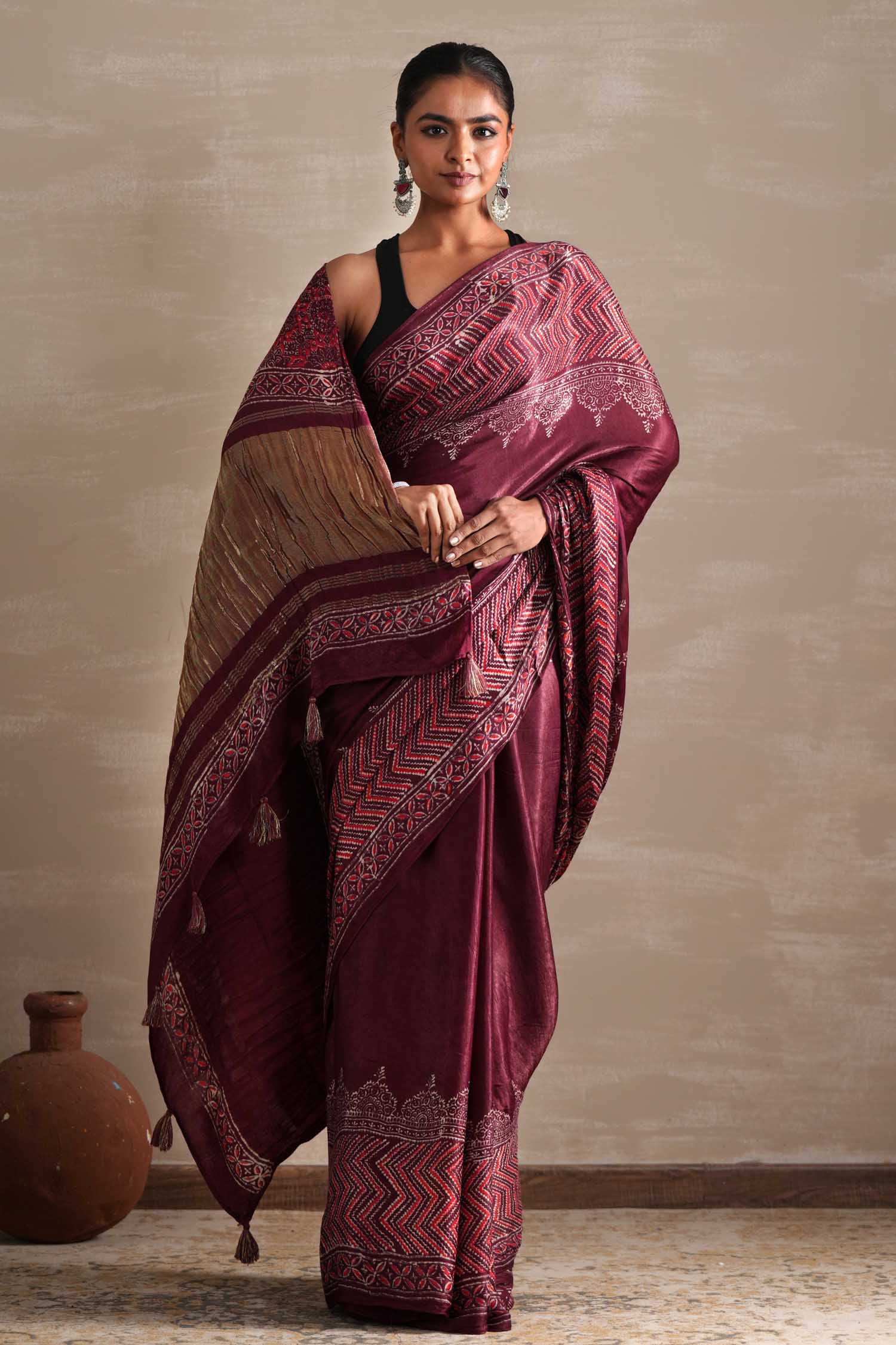 Vermilion Veil Hand Block Printed Modal Tissue Saree - SootiSyahi