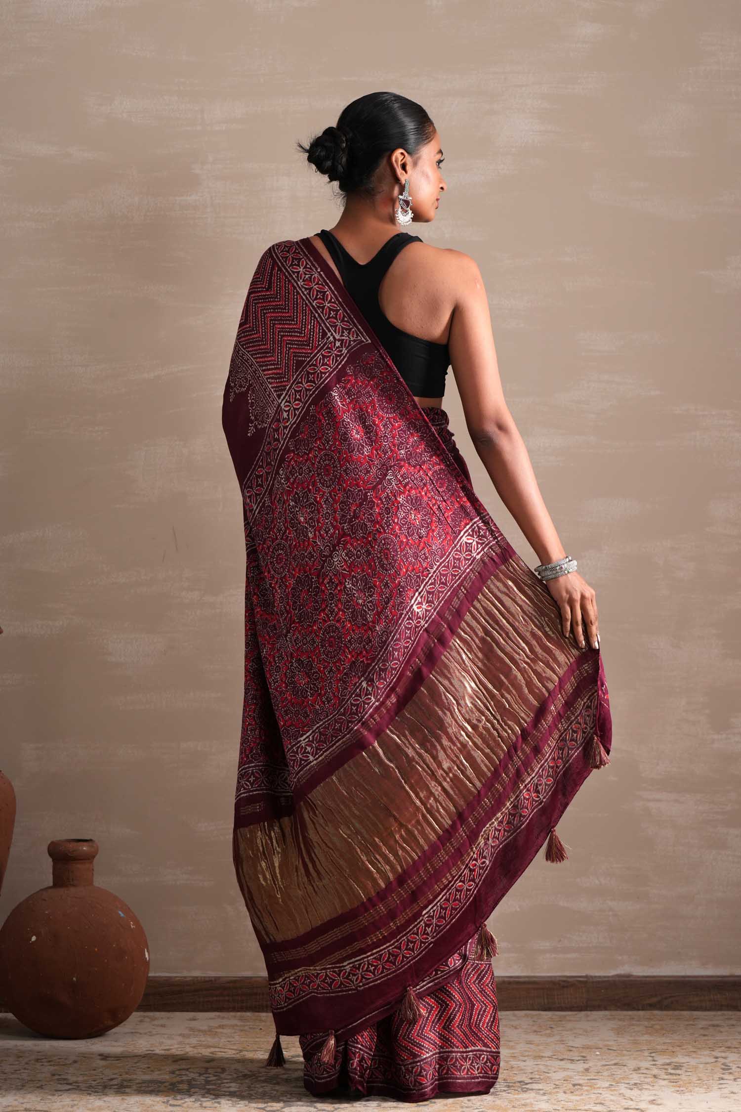 Vermilion Veil Hand Block Printed Modal Tissue Saree - SootiSyahi