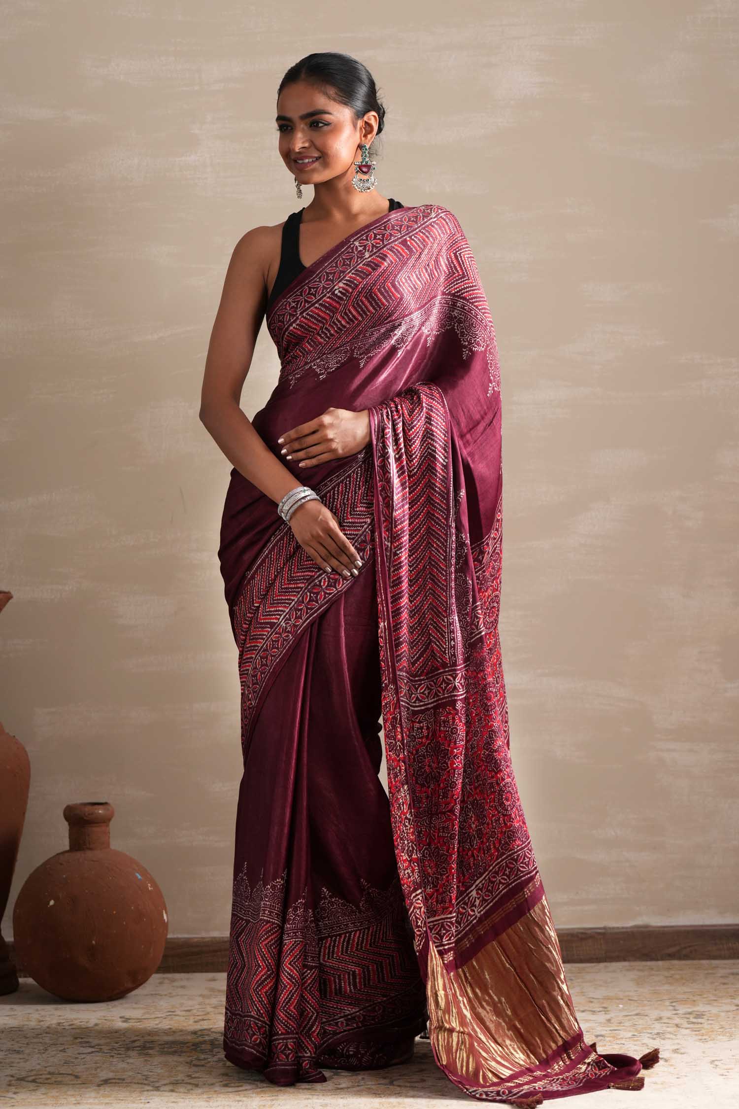 Vermilion Veil Hand Block Printed Modal Tissue Saree - SootiSyahi