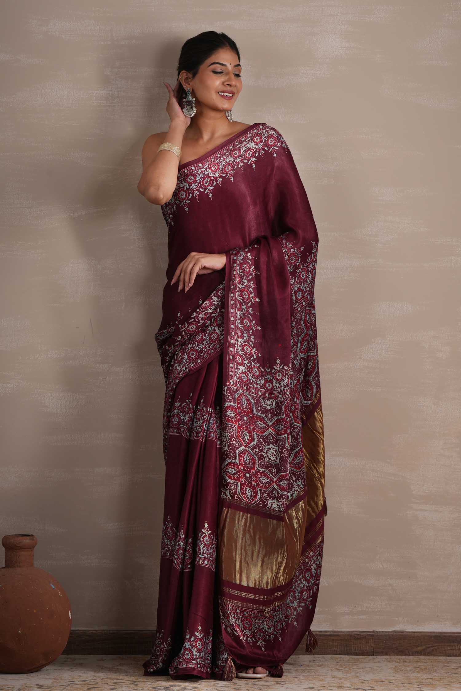 Wine Whisper Hand Block Printed Modal Tissue Saree - SootiSyahi