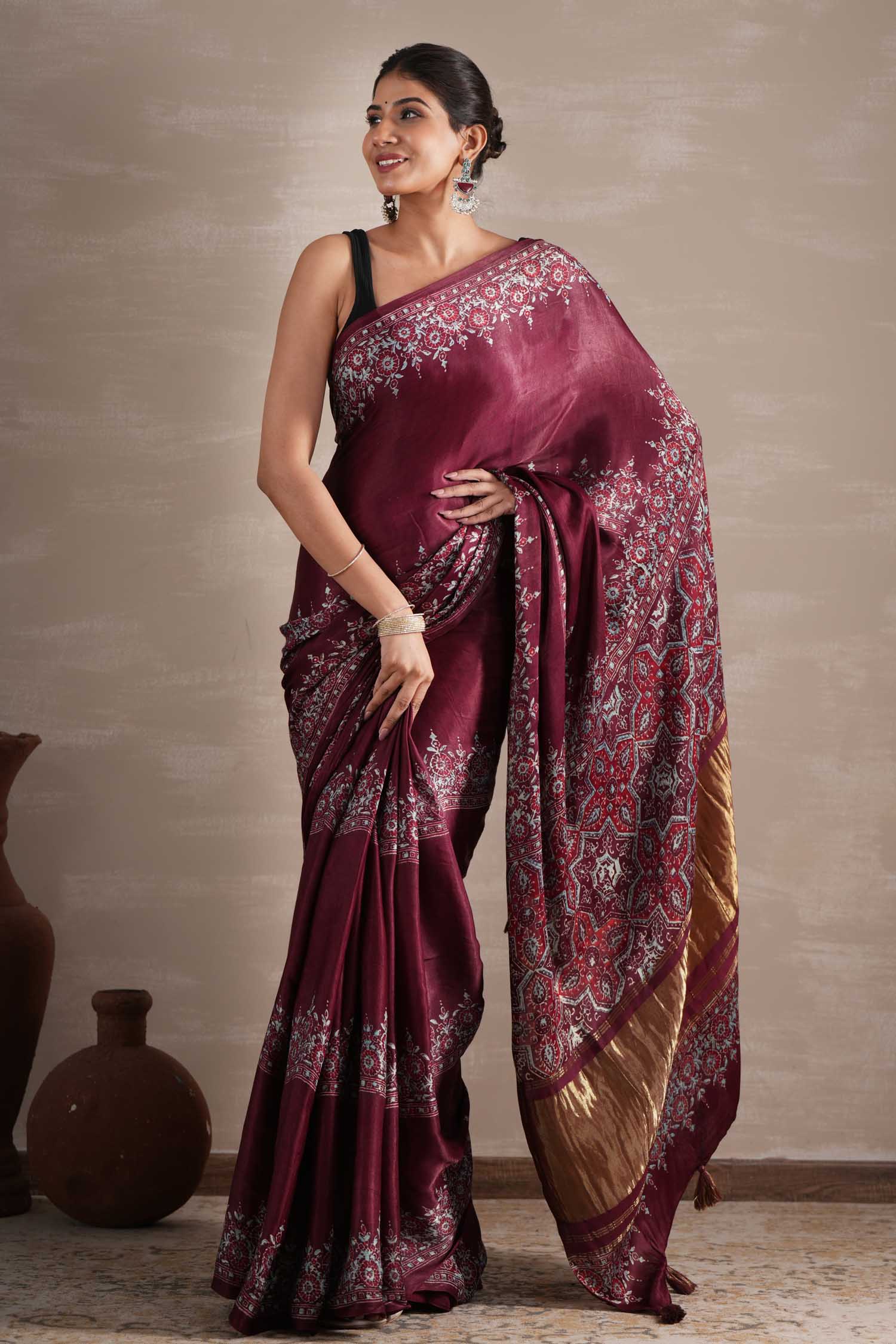 Wine Whisper Hand Block Printed Modal Tissue Saree - SootiSyahi