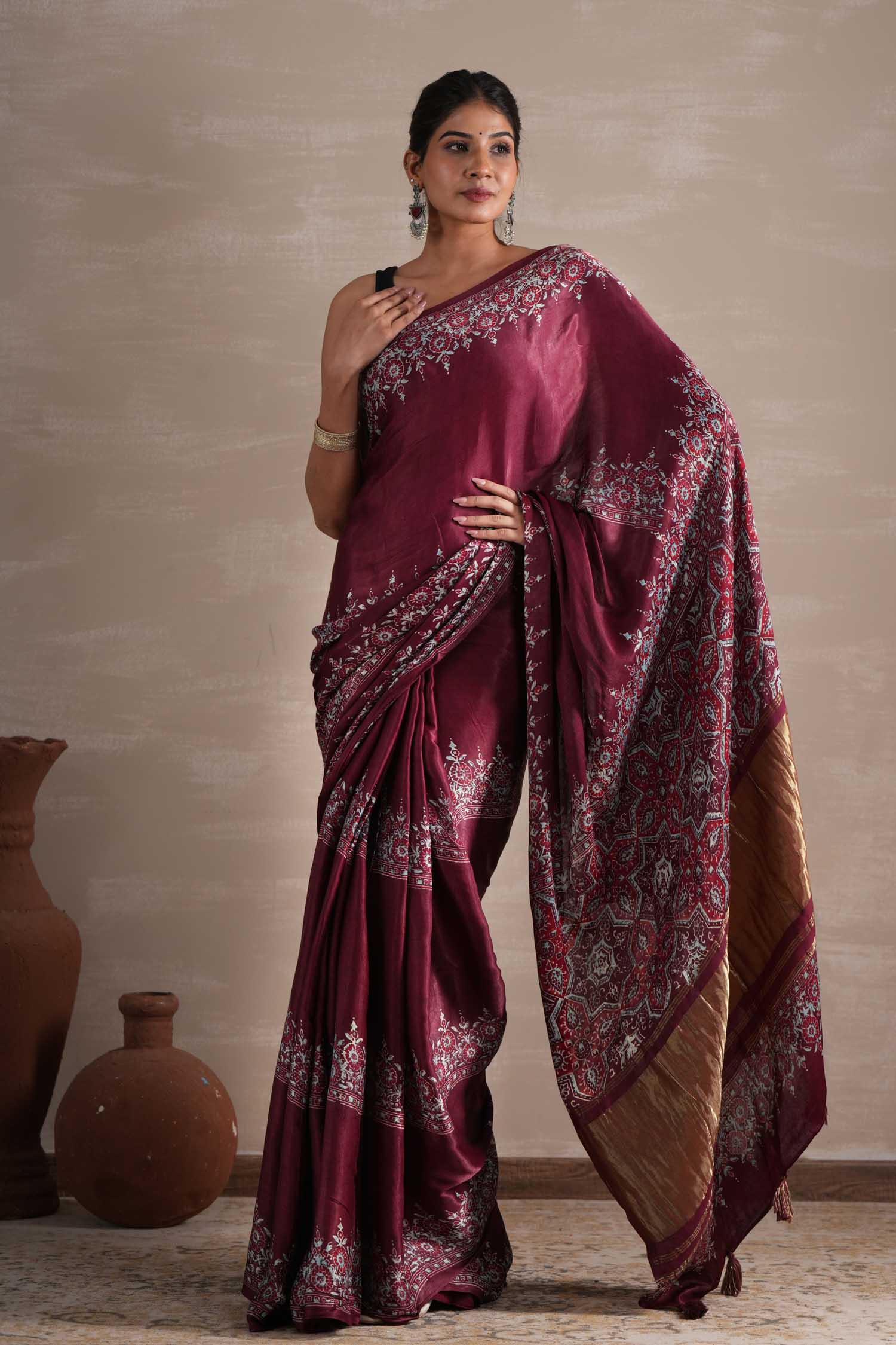 Wine Whisper Hand Block Printed Modal Tissue Saree - SootiSyahi