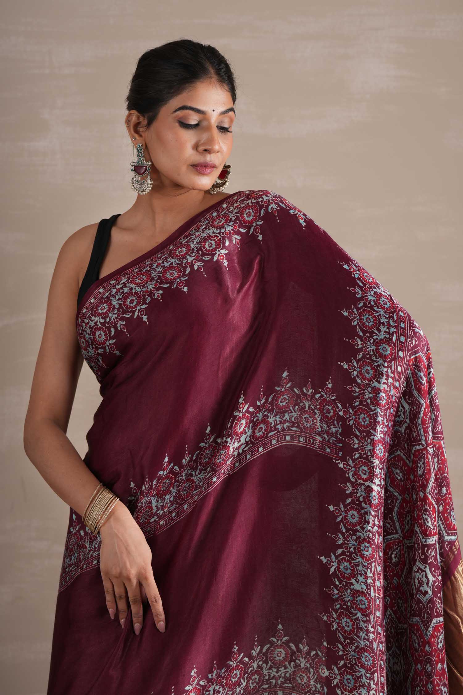 Wine Whisper Hand Block Printed Modal Tissue Saree - SootiSyahi