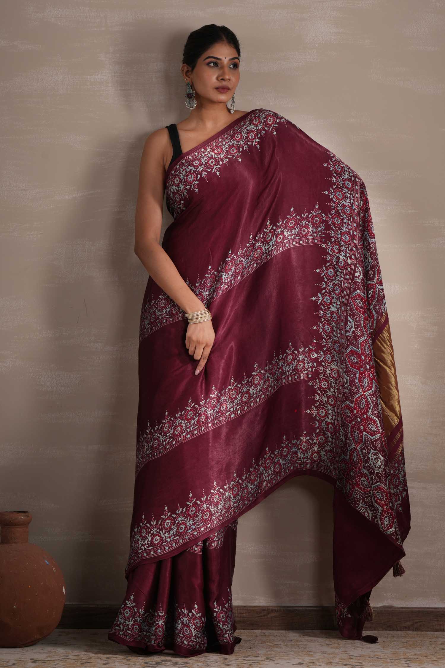 Wine Whisper Hand Block Printed Modal Tissue Saree - SootiSyahi