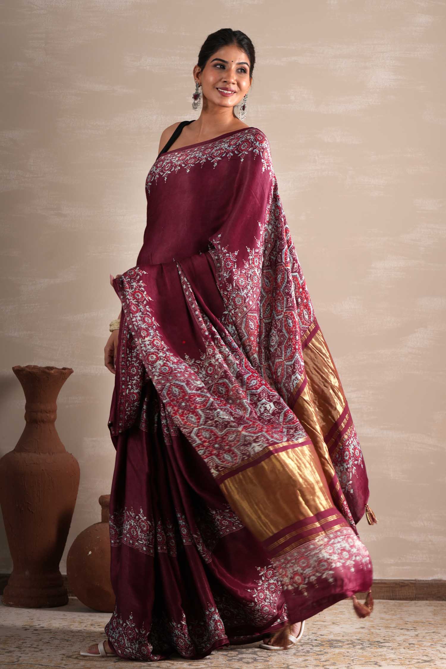 Wine Whisper Hand Block Printed Modal Tissue Saree - SootiSyahi