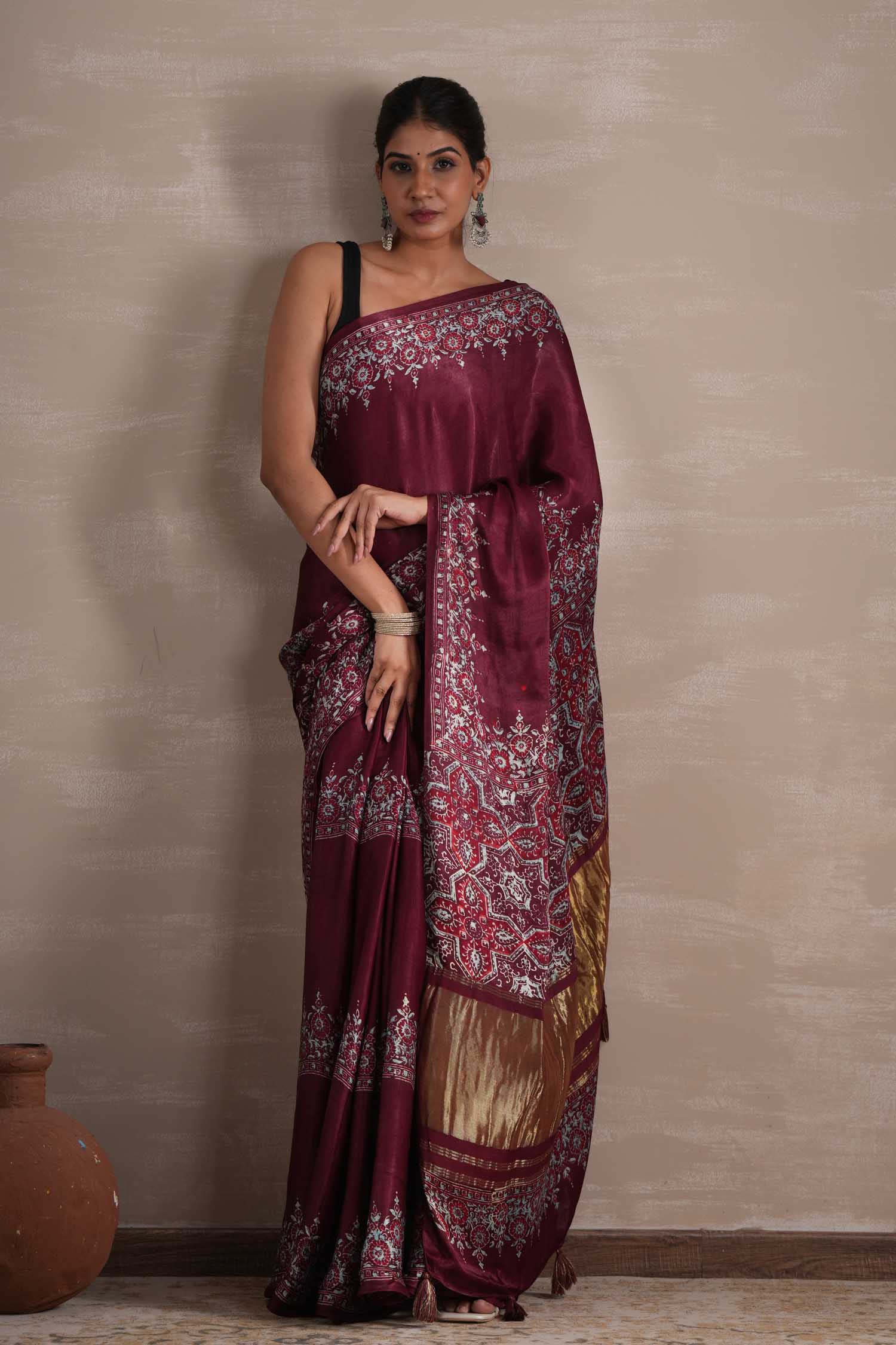 Wine Whisper Hand Block Printed Modal Tissue Saree - SootiSyahi