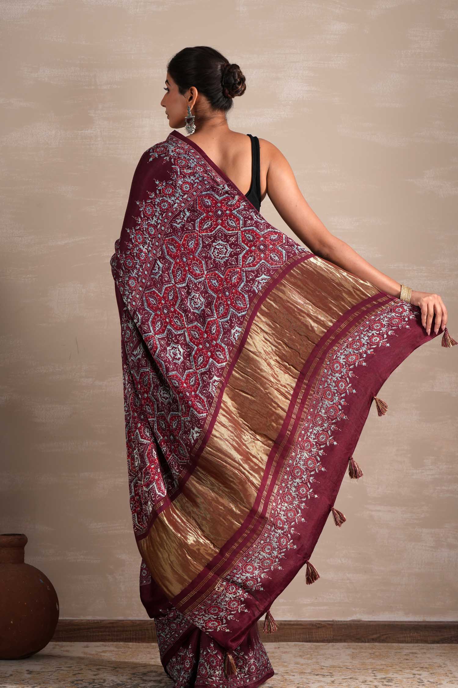 Wine Whisper Hand Block Printed Modal Tissue Saree - SootiSyahi