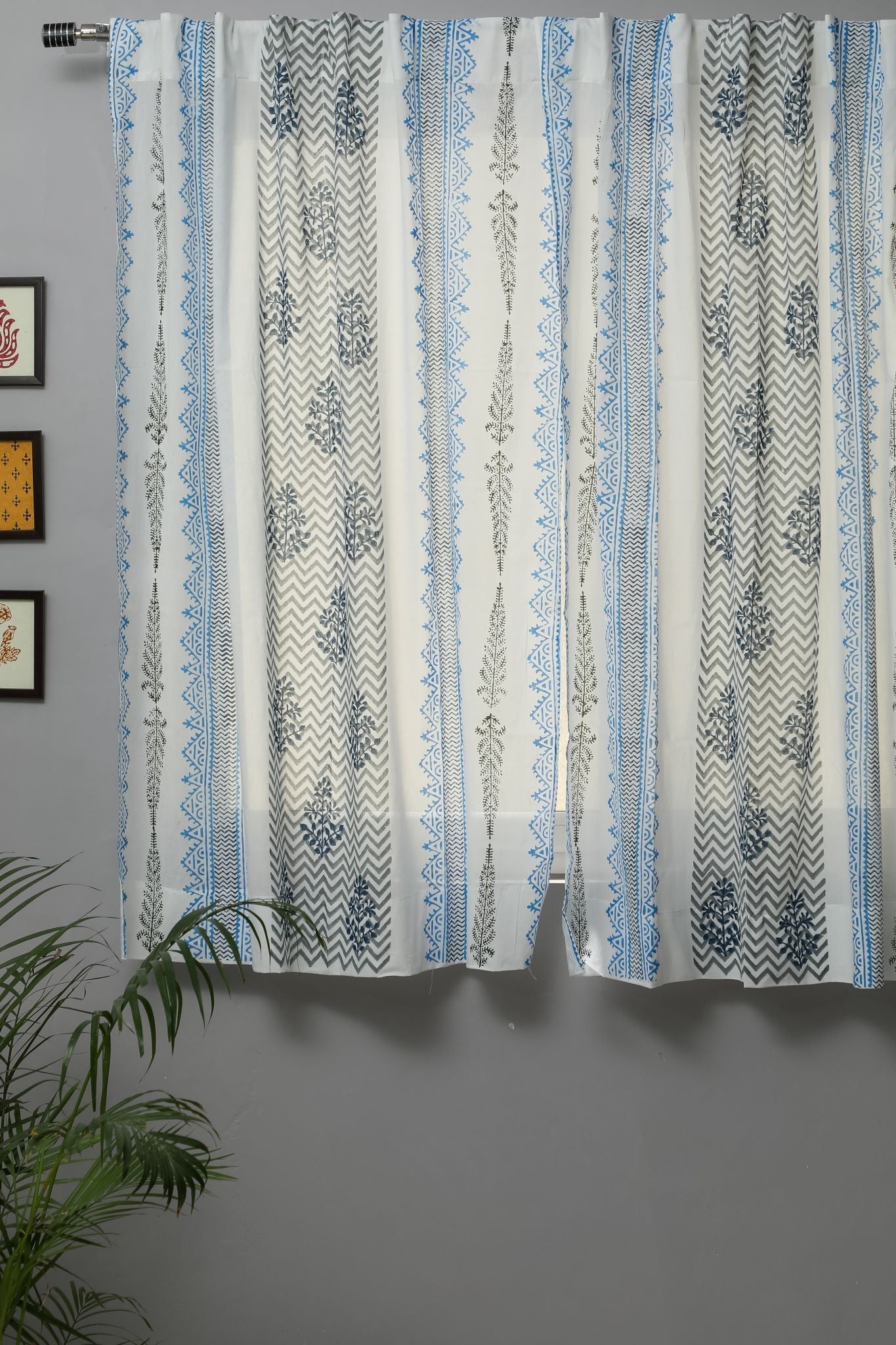 SootiSyahi 'Bering Blue' Handblock Printed Cotton Window Curtain