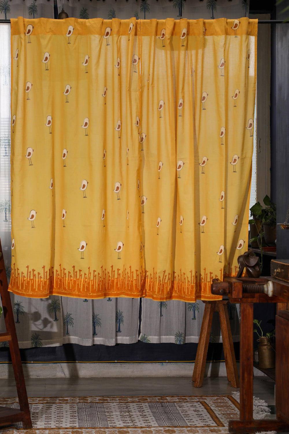 SootiSyahi 'Jungle Tale-Pastel Yellow' Handblock Printed Cotton Window Curtain
