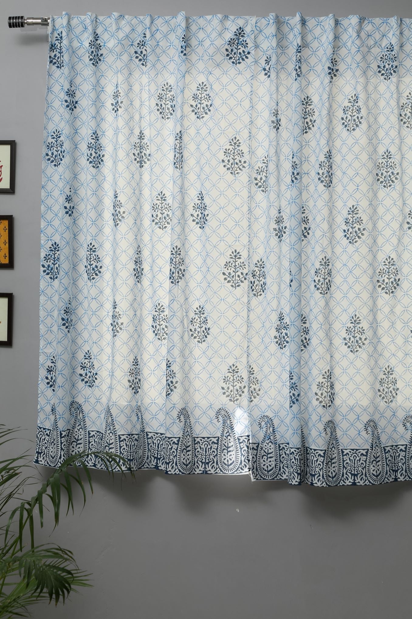 SootiSyahi 'Cabbean Blue' Handblock Printed Cotton Window Curtain