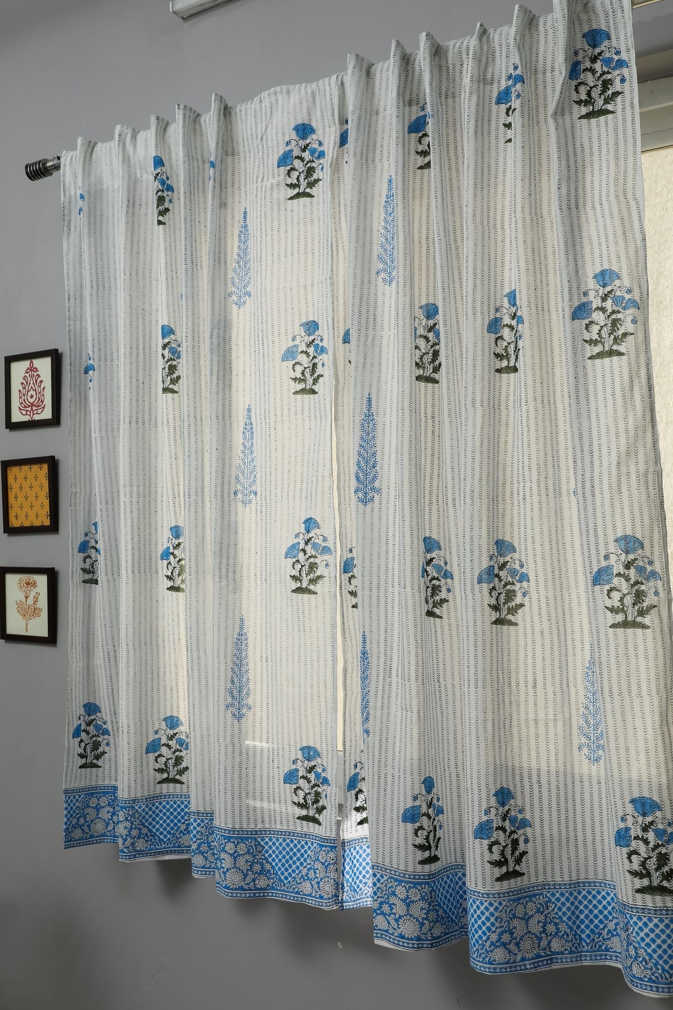 SootiSyahi 'Coral Blue' Handblock Printed Cotton Window Curtain