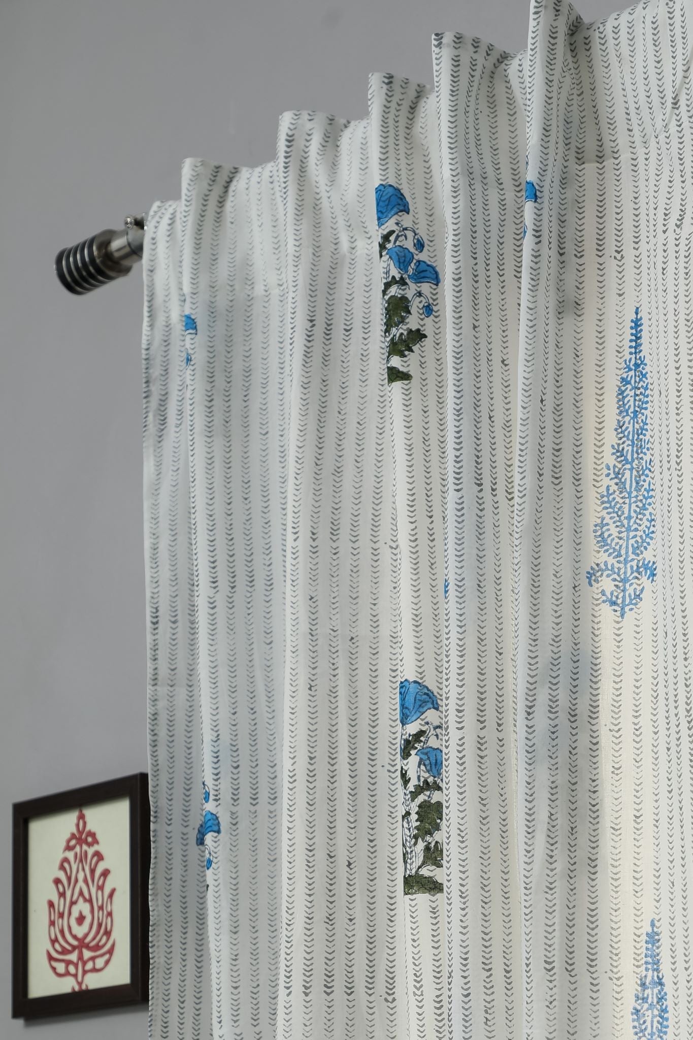 SootiSyahi 'Coral Blue' Handblock Printed Cotton Window Curtain