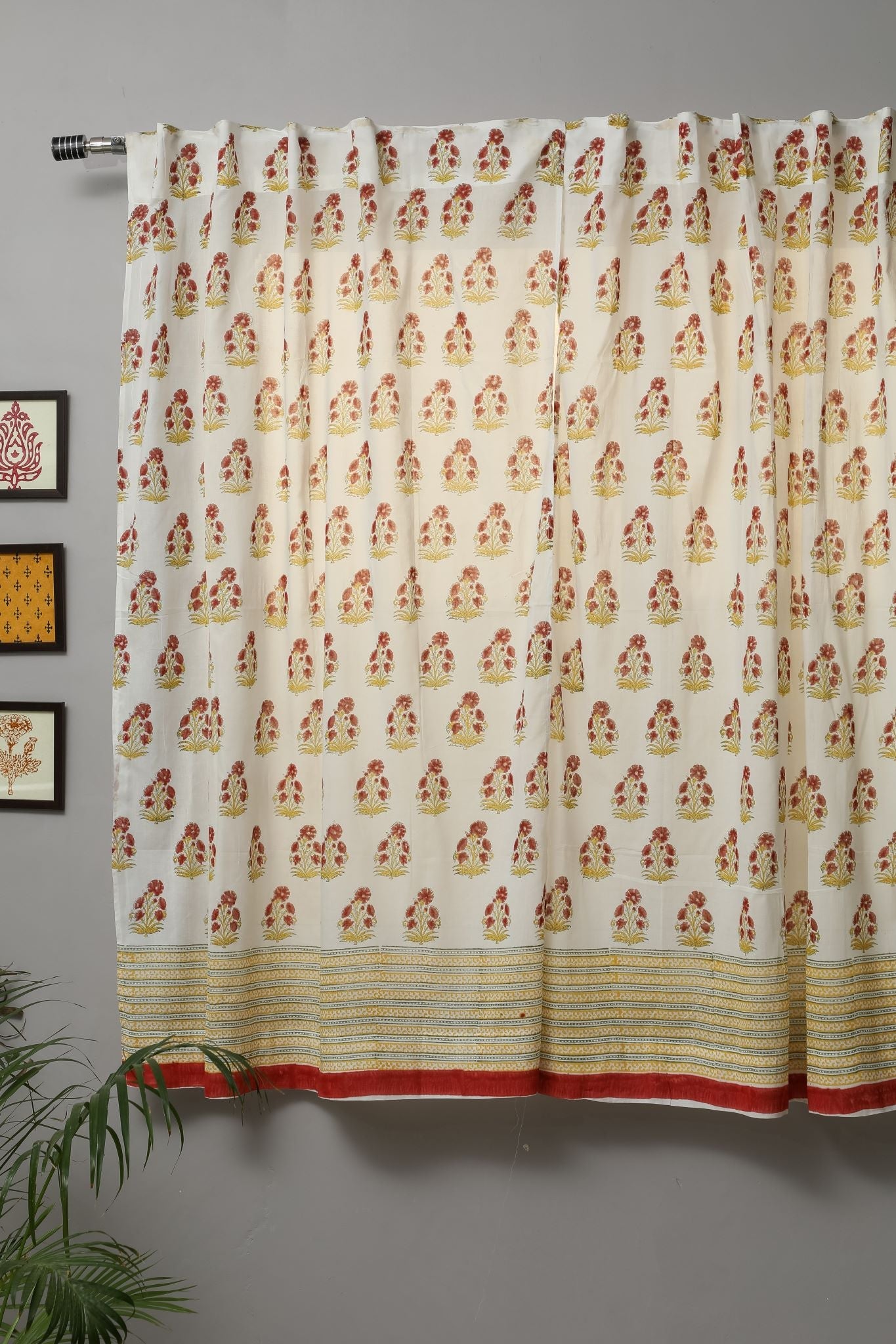 SootiSyahi 'Red Daisy' Handblock Printed Cotton Window Curtain