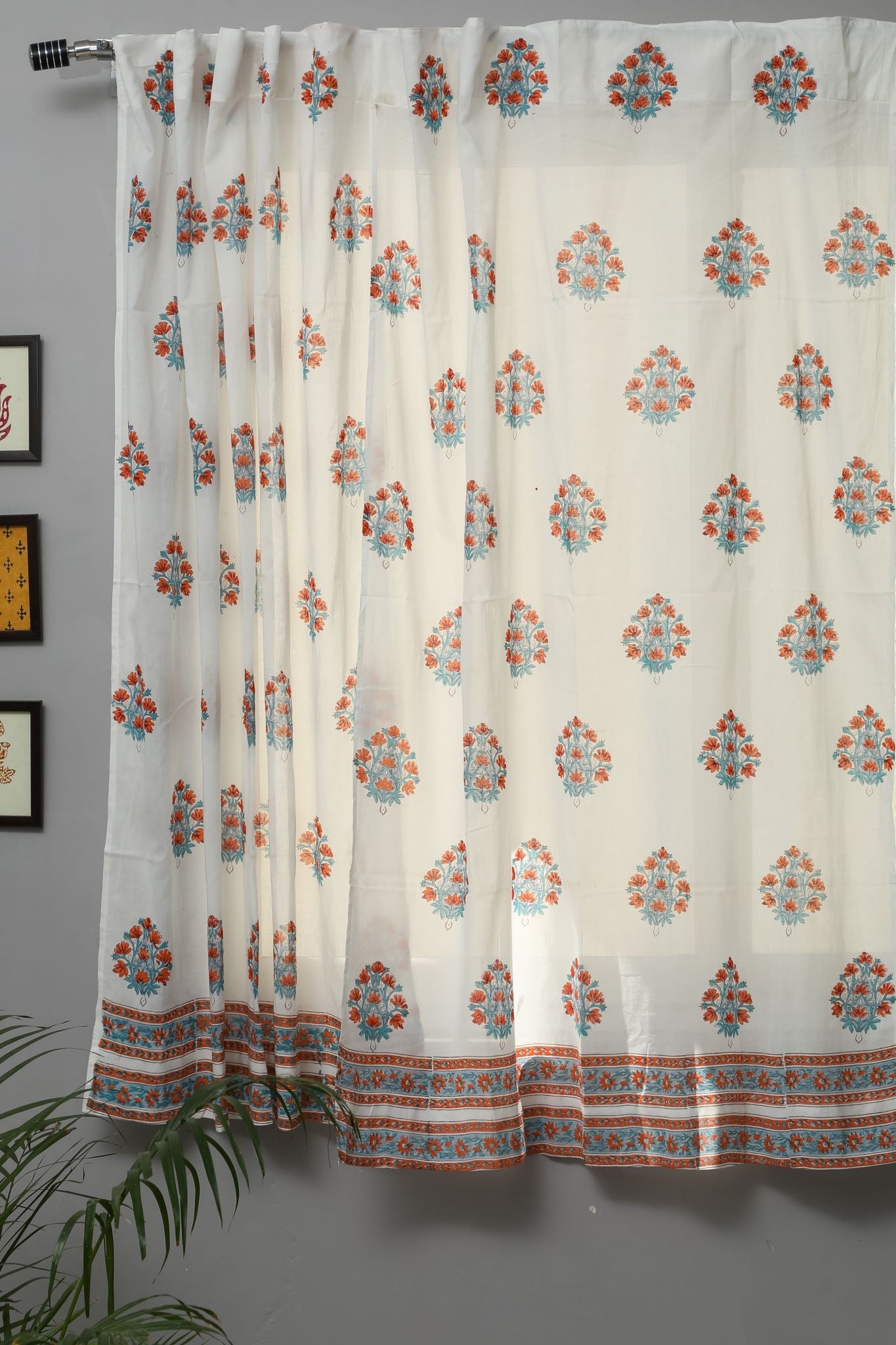 SootiSyahi 'Saffron Daisy' Handblock Printed Cotton Window Curtain