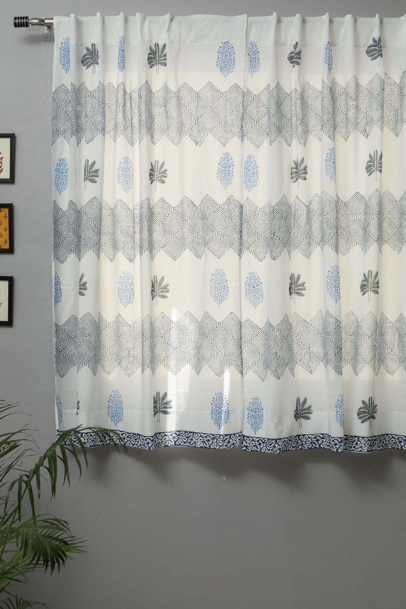 SootiSyahi 'Weddell Blue' Handblock Printed Cotton Window Curtain