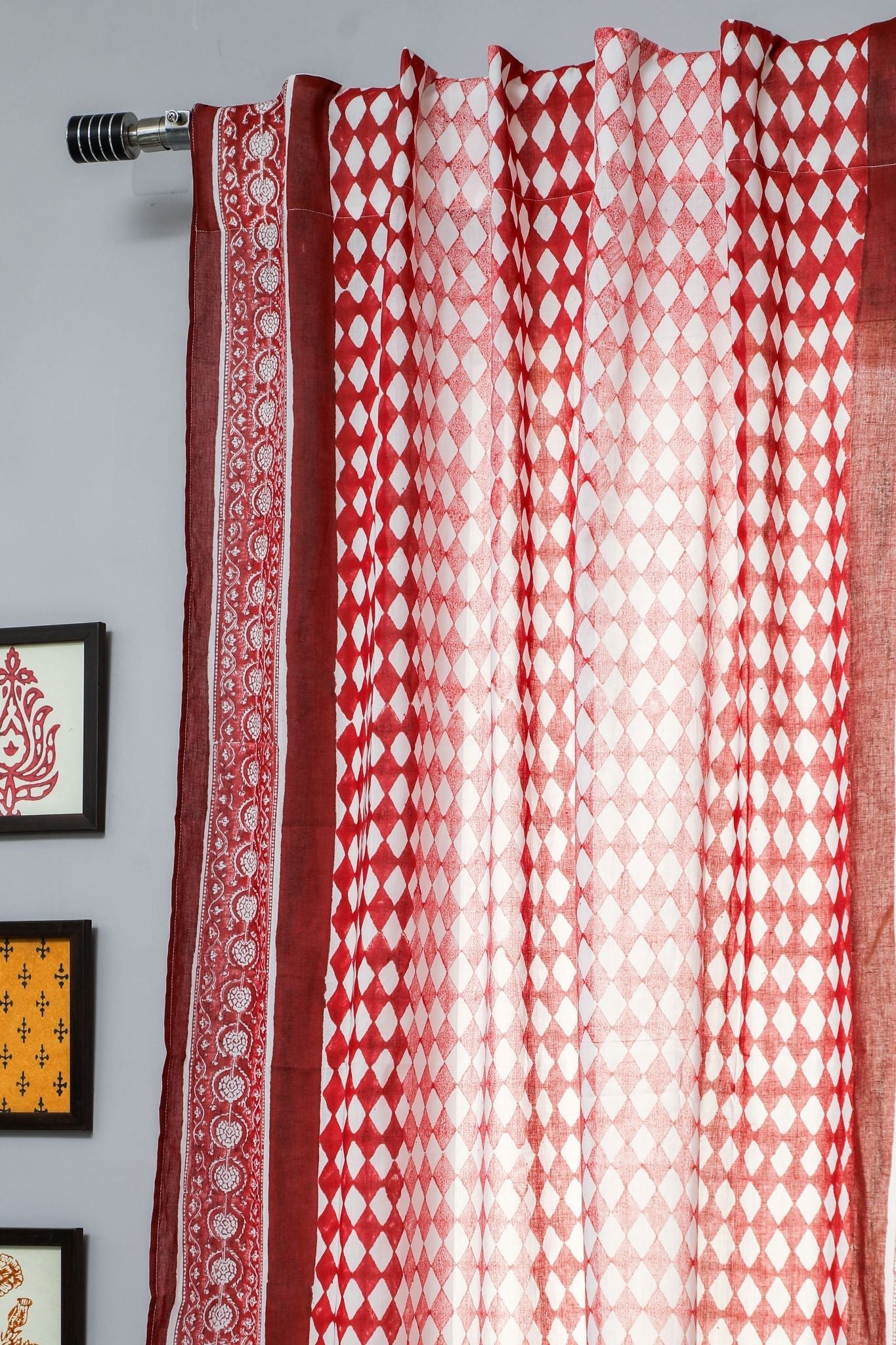'Artistic Red Illusions' Handblock Printed Cotton Window Curtain - SootiSyahi