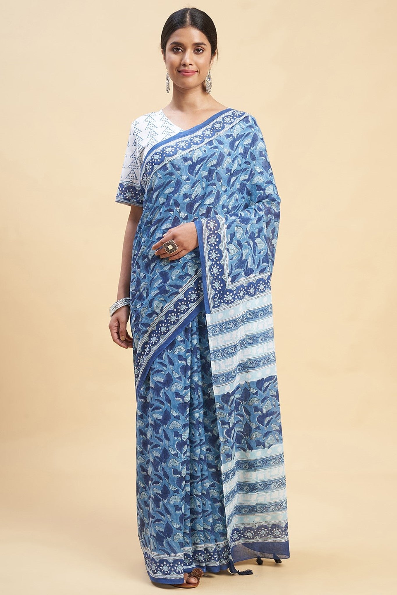 "Autumnal Blue'' Block Printed Cotton Saree - SootiSyahi