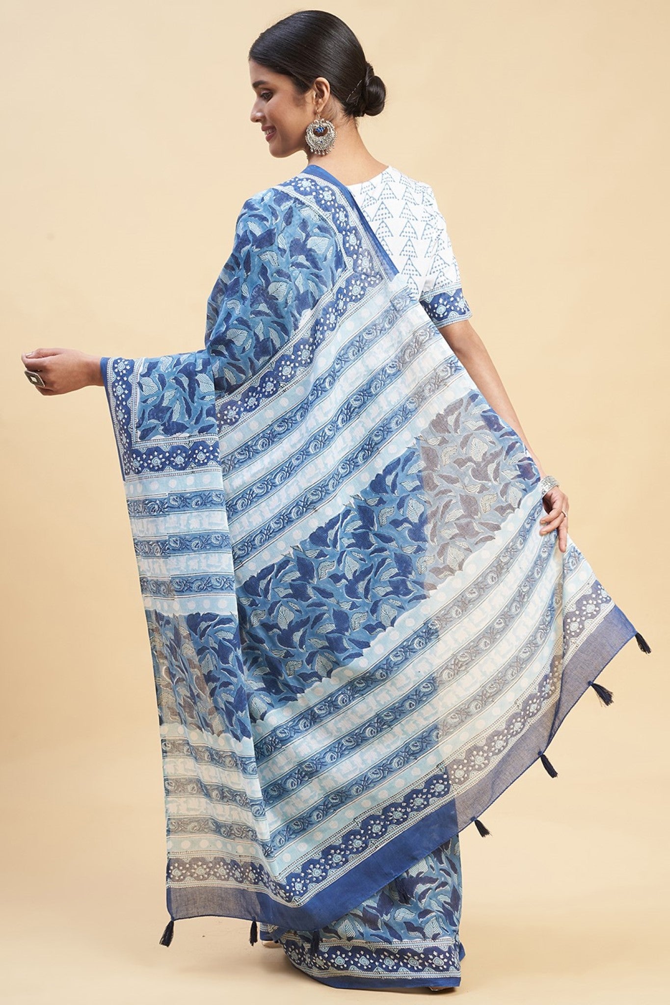 "Autumnal Blue'' Block Printed Cotton Saree - SootiSyahi