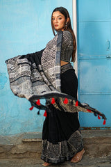 "AVANT" CHUNA PATRI HANDBLOCK PRINT SLUB COTTON SAREE - SootiSyahi
