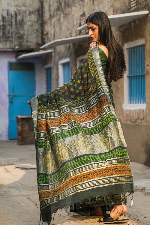 "BENEVOLENCE" HANDBLOCK PRINT SLUB COTTON SAREE - SootiSyahi
