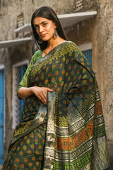 "BENEVOLENCE" HANDBLOCK PRINT SLUB COTTON SAREE - SootiSyahi