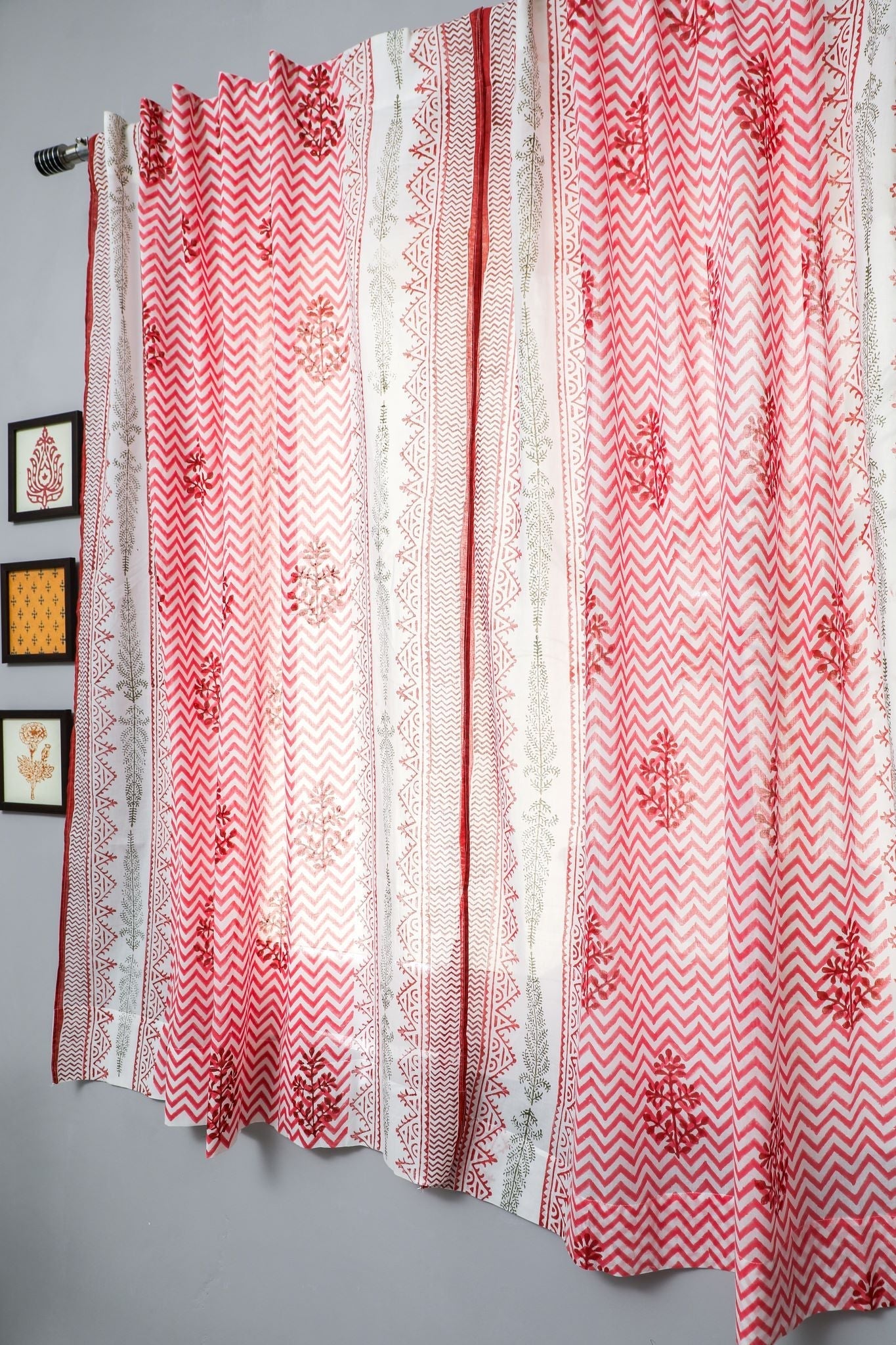 'Blast colour red' Handblock Printed Cotton Window Curtain - SootiSyahi