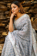 "BLISS" HANDBLOCK PRINT SLUB COTTON SAREE - SootiSyahi