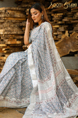 "BLISS" HANDBLOCK PRINT SLUB COTTON SAREE - SootiSyahi