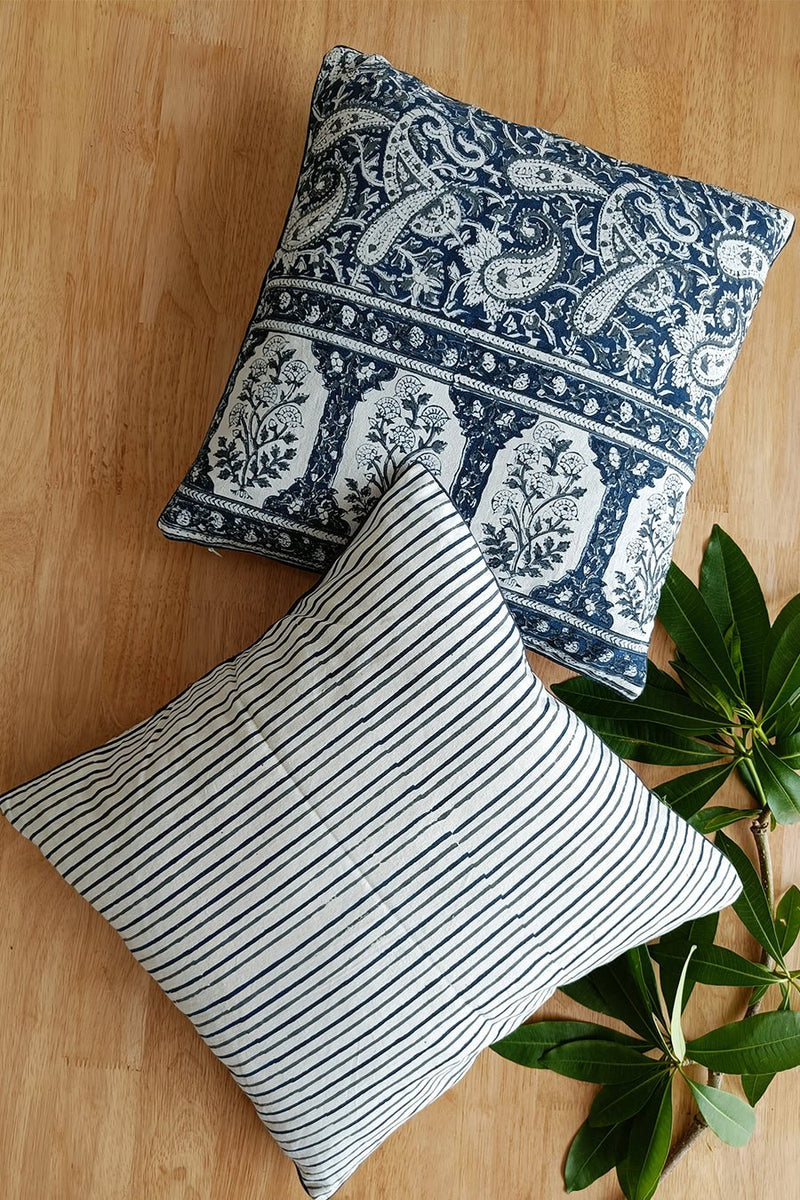 'Blue Paisley' Hand Printed Cotton Cushion Set Of Two - SootiSyahi