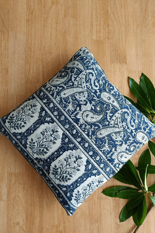 'Blue Paisley' Hand Printed Cotton Cushion Set Of Two - SootiSyahi