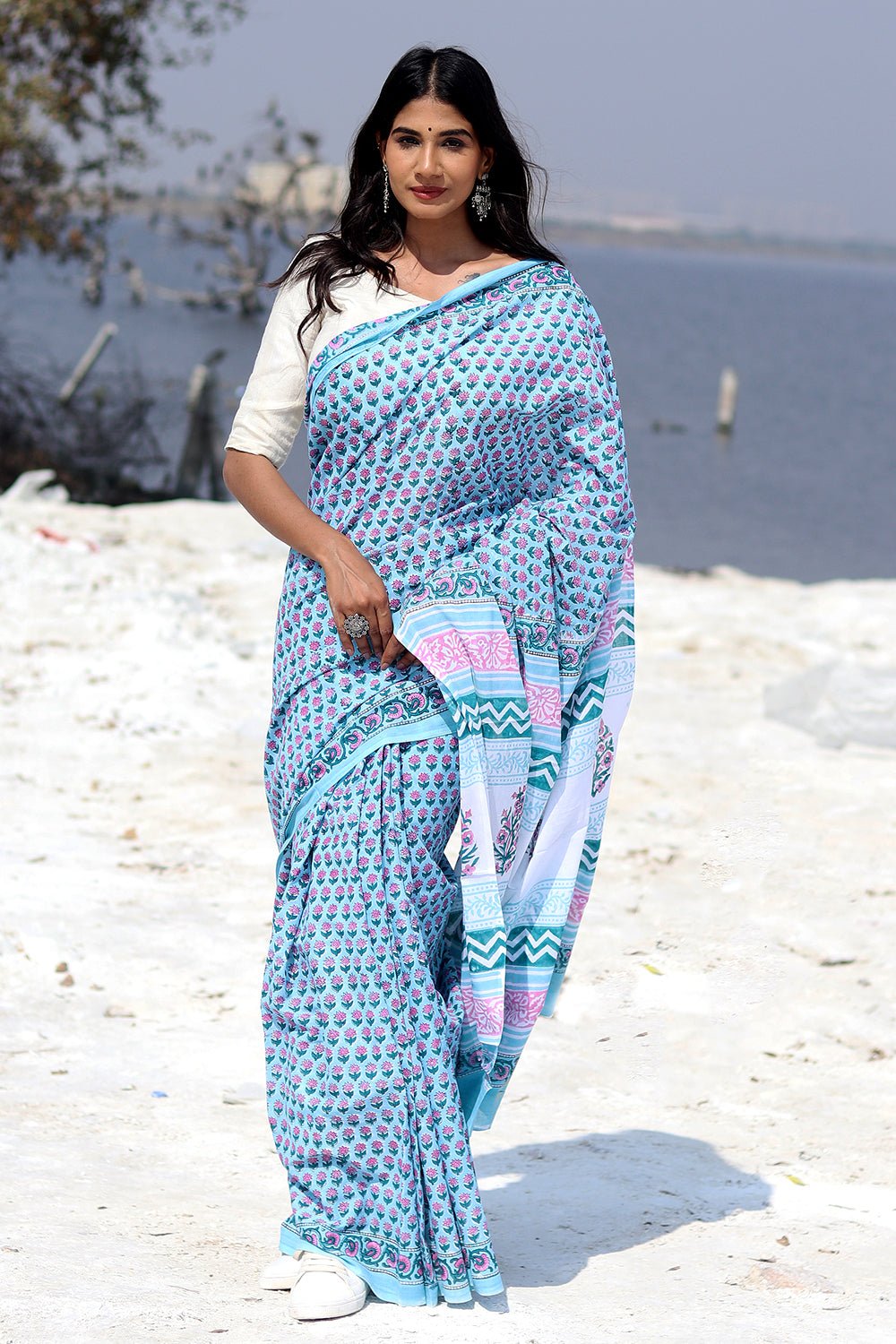 "Blue Popsicle" Block Printed Cotton Saree - SootiSyahi