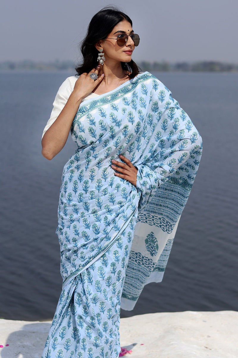 "Blue Sapphire" Block Printed Cotton Saree - SootiSyahi
