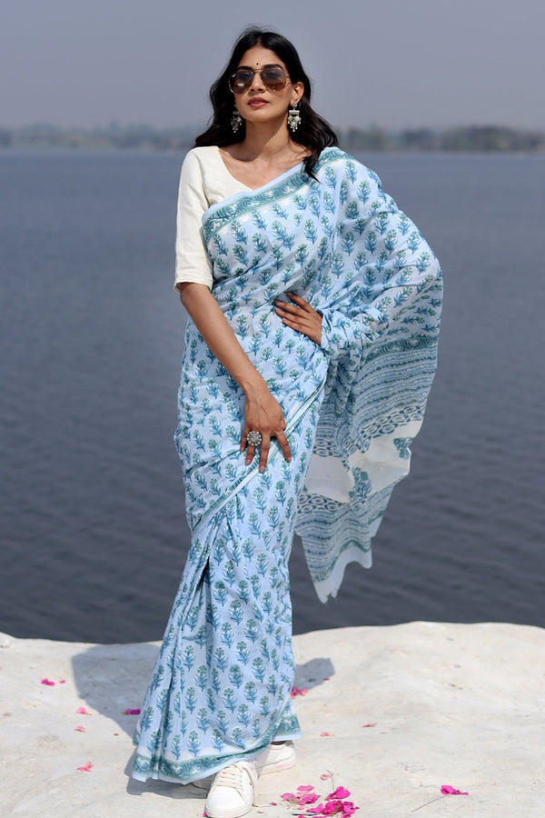 "Blue Sapphire" Block Printed Cotton Saree - SootiSyahi