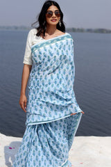 "Blue Sapphire" Block Printed Cotton Saree - SootiSyahi