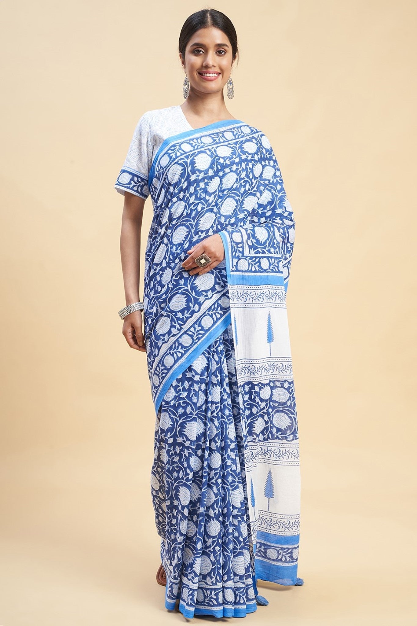 "Botanical Blue'' Block Printed Cotton Saree - SootiSyahi