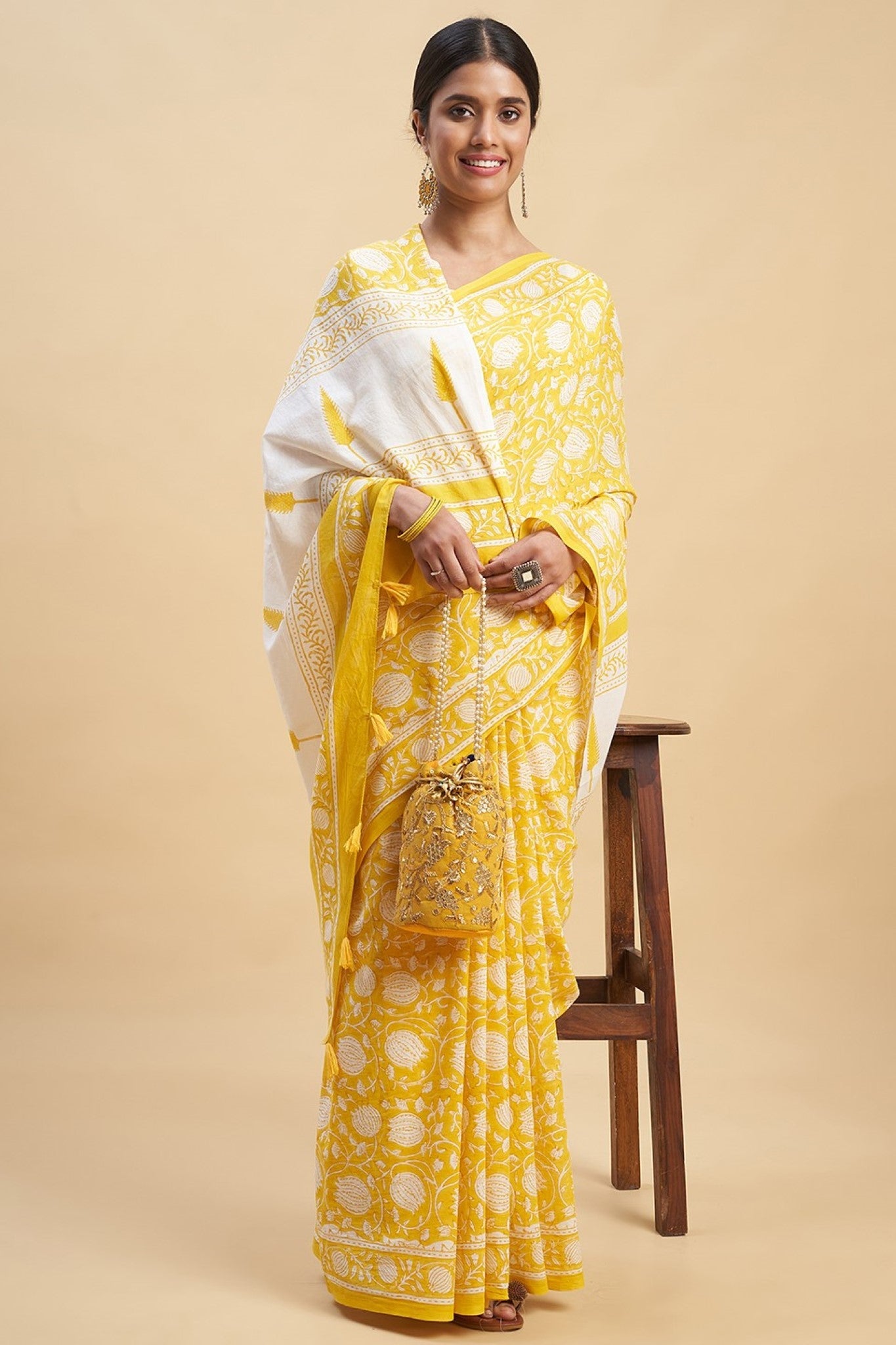 "Botanical Yellow'' Block Printed Cotton Saree - SootiSyahi