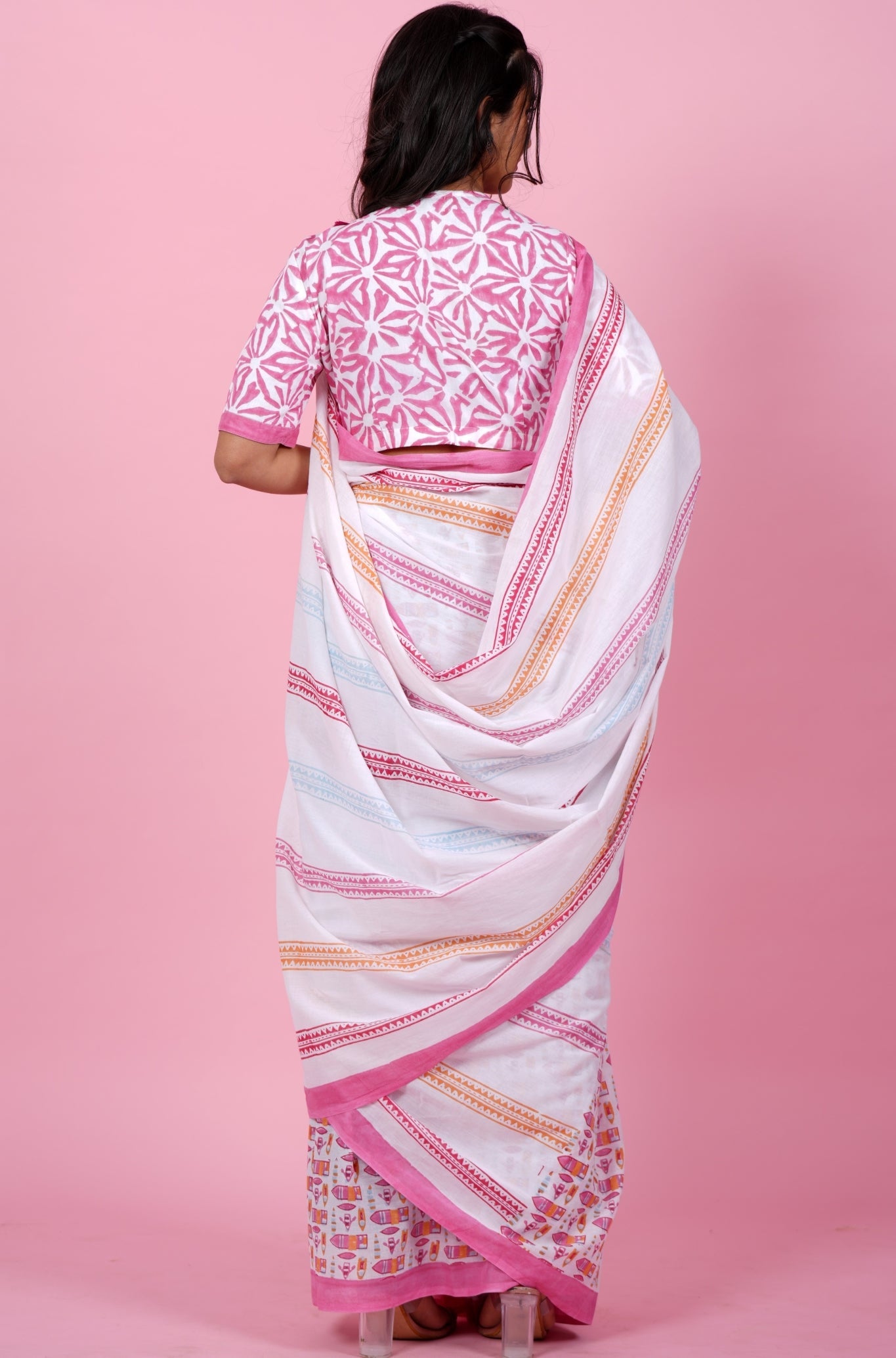 " California Pink" Block Printed Cotton Saree - SootiSyahi