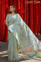"CALM" HAND MARBLE PRINT CHANDERI SILK SAREE - SootiSyahi