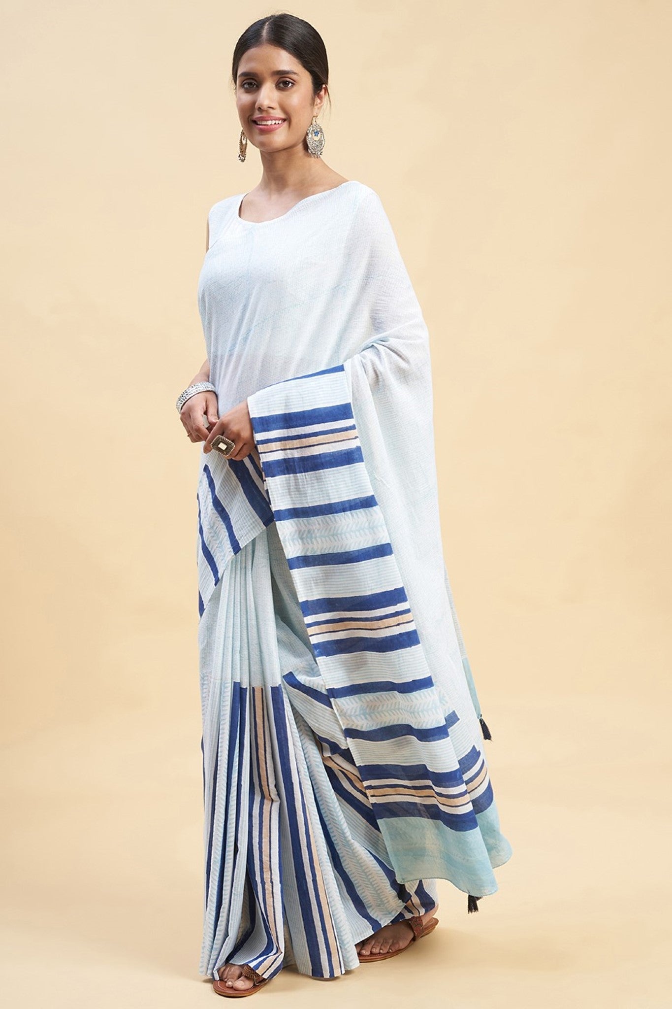 " Candy Blue stripes'' Block Printed Cotton Saree - SootiSyahi