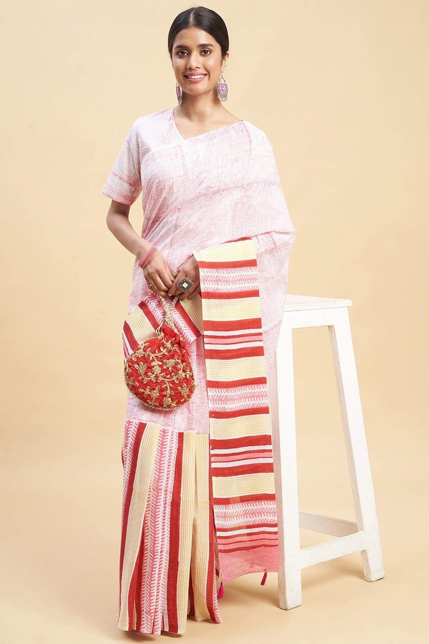 " Candy Pink stripes'' Block Printed Cotton Saree - SootiSyahi