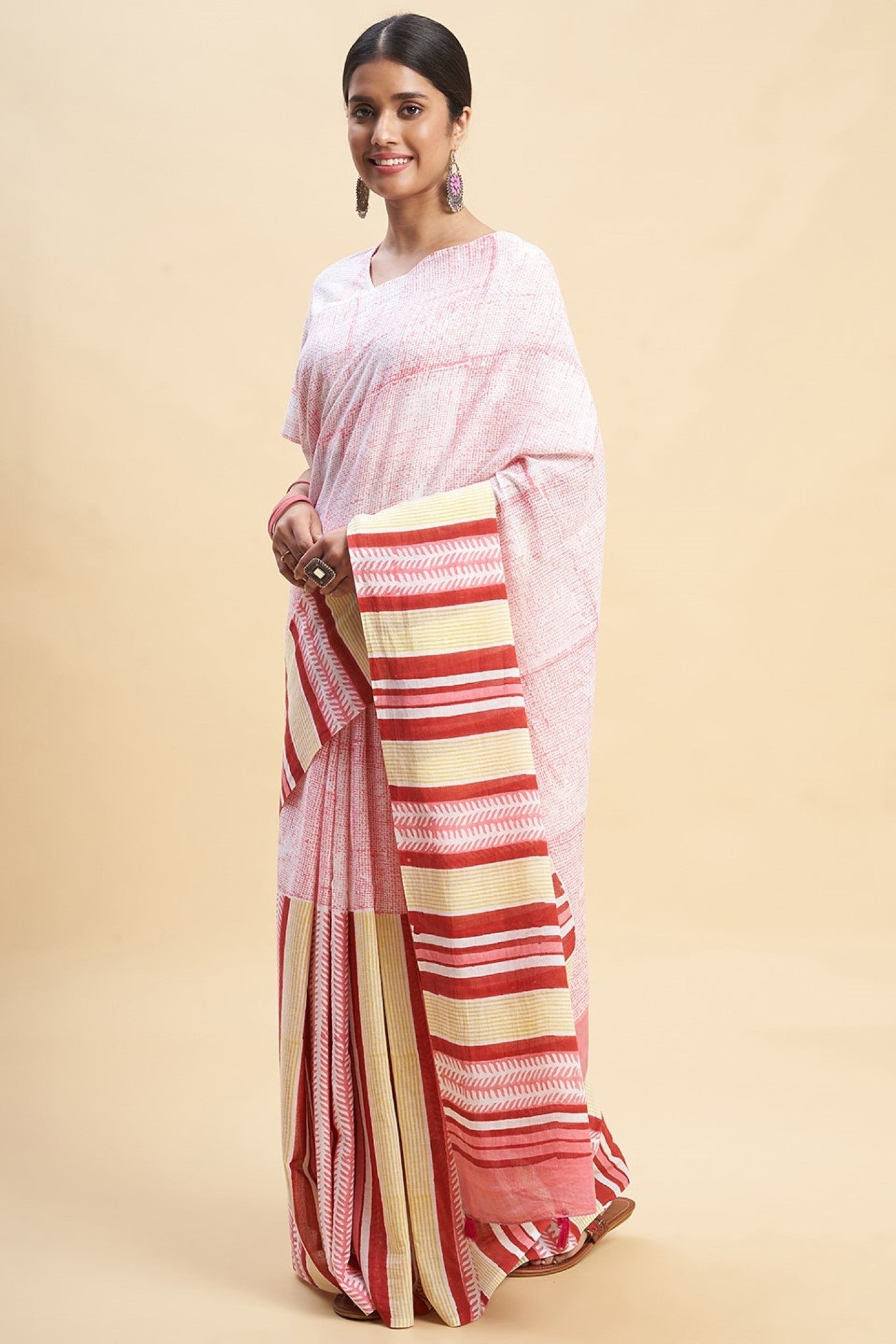 " Candy Pink stripes'' Block Printed Cotton Saree - SootiSyahi