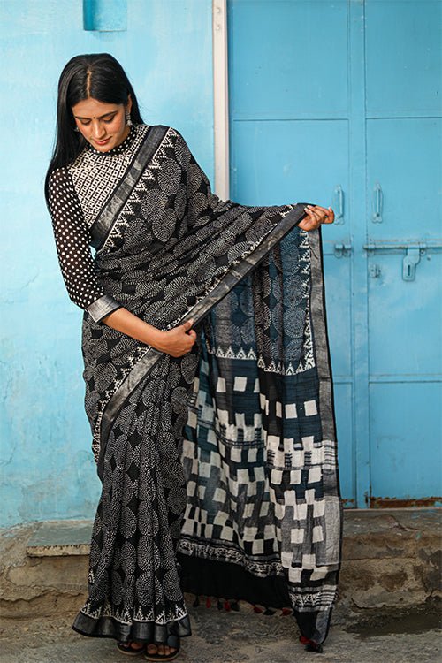 "CELESTIAL" CHUNA PATRI HANDBLOCK PRINT SLUB COTTON SAREE - SootiSyahi