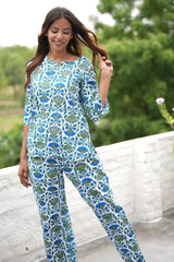 Cobalt Garden Serenade Block Printed Night suit - SootiSyahi