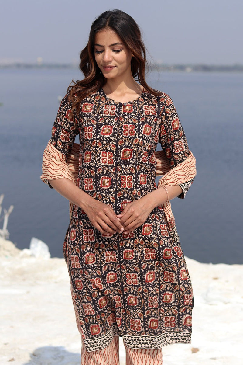 CONFIDENT FOLKTALE Block Printed Salwar Suit Set - SootiSyahi
