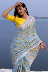 'COSMIC GRAY' HANDBLOCK PRINT MUL COTTON SRAEE - SootiSyahi