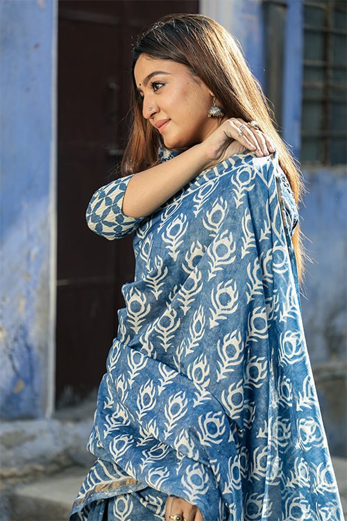 "COSMOS" INDIGO HANDBLOCK PRINT CHANDERI SILK SAREE - SootiSyahi