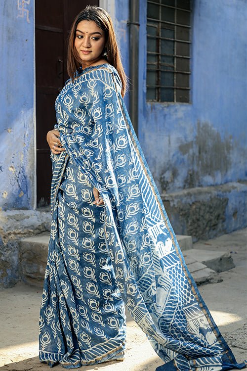 "COSMOS" INDIGO HANDBLOCK PRINT CHANDERI SILK SAREE - SootiSyahi