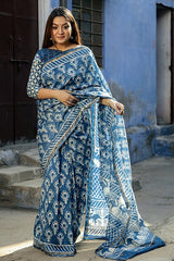 "COSMOS" INDIGO HANDBLOCK PRINT CHANDERI SILK SAREE - SootiSyahi
