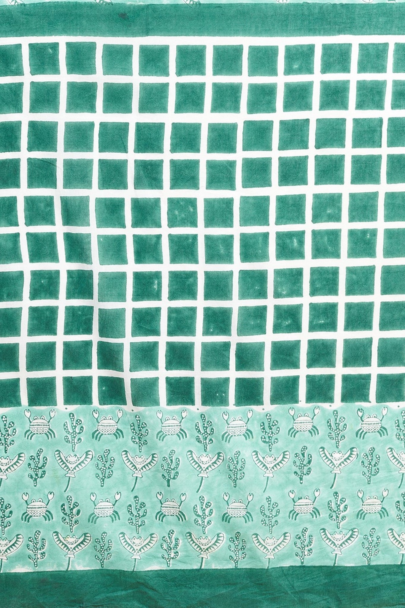 "Crab In Green'' Block Printed Cotton Saree - SootiSyahi